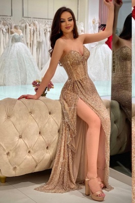 Champagne Sequined Strapless Sweetheart Floor Length Prom Party Dress_2
