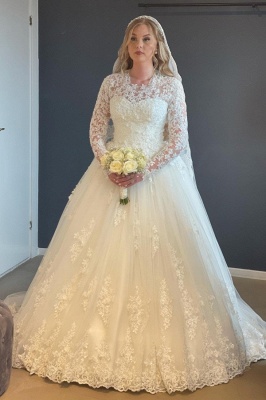 Jewel Long Sleeves Floor Length Lace Wedding Dress