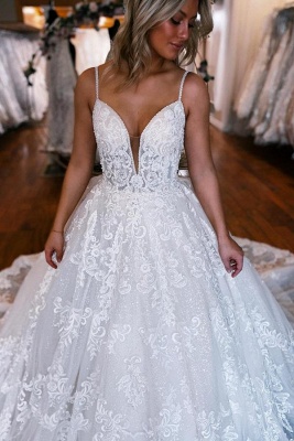 Gorgeous Spaghetti Straps A-Line Floor Length Wedding Dress with Appliques_3