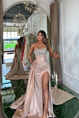 Pink Sweetheart silver beaded high split prom dress_2