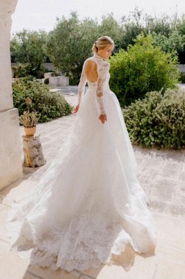Long sleeves Illusion neck lace tulle wedding dress_4