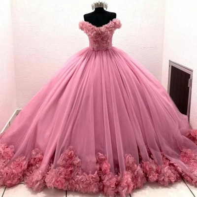 Gorgeous Pink Strapless Prom Tulle Party Dress with Floral Embellishment_1