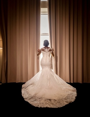 Wunderschönes Meerjungfrau-Brautkleid mit langen Ärmeln, Perlen, Spitzenapplikationen, Hochzeitskleid_8