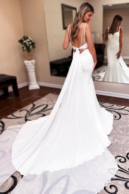 White straps sweetheart mermaid wedding dress with court train_2