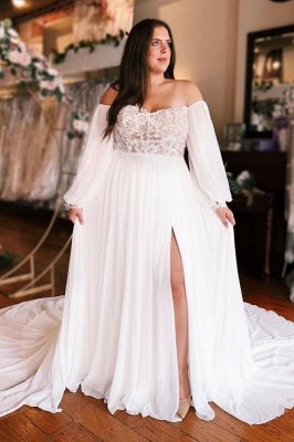 Weißes Chiffon-Hochzeitskleid im Meerjungfrau-Stil mit Herzausschnitt und langen Ärmeln_3
