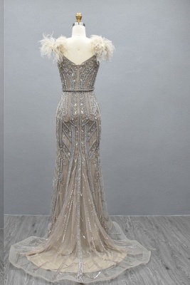 Champange Beaded Feathers neckline Sheath Prom Dress_1