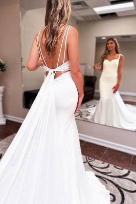 White straps sweetheart mermaid wedding dress with court train_3