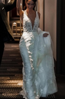 Vestido de novia elegante hasta el suelo de encaje sencillo con cuello en V_5