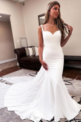 White straps sweetheart mermaid wedding dress with court train_1