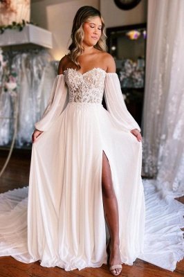 Weißes Chiffon-Hochzeitskleid im Meerjungfrau-Stil mit Herzausschnitt und langen Ärmeln_1