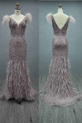 V-neck Column Beaded Prom Dress with Feathers