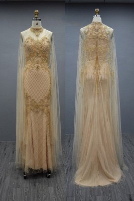 Vestido de baile luxuoso de coluna Champange com contas e capa de tule_2