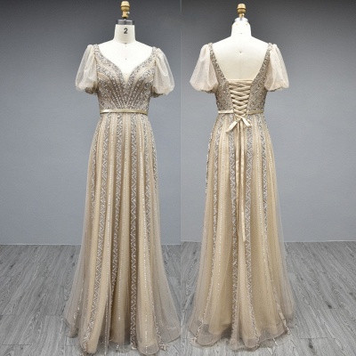 Wide Half sleeves champange V-neck Chiffon Prom Dress