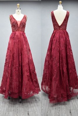Vestido de noite princesa azul escuro com decote em V sem mangas_2
