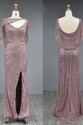 Роскошное розовое платье для выпускного вечера с накидкой и разрезом спереди, расшитое бисером_1