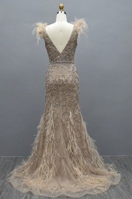 V-neck Column Beaded Prom Dress with Feathers_5