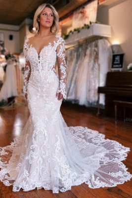 Langärmliges Meerjungfrauen-Brautkleid mit Überrock_5