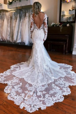 Langärmliges Meerjungfrauen-Brautkleid mit Überrock_3