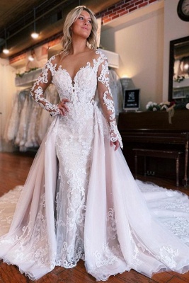 Langärmliges Meerjungfrauen-Brautkleid mit Überrock_1