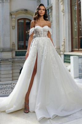 Schulterfreies, weißes A-Linien-Hochzeitskleid im Prinzessin-Stil mit hohem Schlitz_1