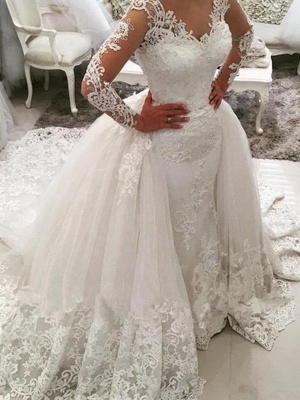 Langärmliges Brautkleid im Meerjungfrau-Stil aus weißer Spitze mit V-Ausschnitt und Überrock_1