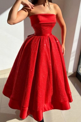 Red Strapless Solid Satin Ball gown Prom Dress_1