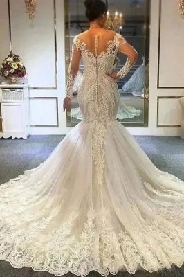 Long sleeves Ivory Sweetheart Fit and Flare Lace Wedding Dress_2