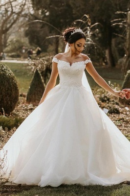 Off the shoulder White Garden Ball Gown Wedding Dress_1