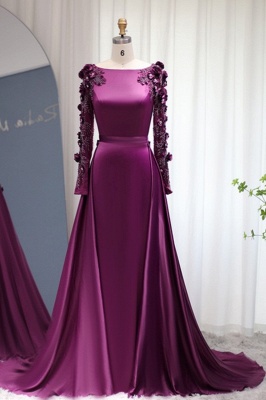 Wunderschönes, langärmliges Satin-Abendkleid im Meerjungfrau-Stil, 3D-Blumenperlen, langes Hochzeitskleid mit Schleppe_6