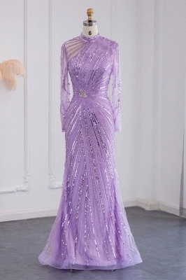 Элегантные вечерние платья русалки с высоким воротником и длинными рукавами, украшенные бисером и кристаллами_6