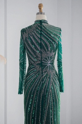 Элегантные вечерние платья русалки с высоким воротником и длинными рукавами, украшенные бисером и кристаллами_20