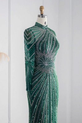 Элегантные вечерние платья русалки с высоким воротником и длинными рукавами, украшенные бисером и кристаллами_19