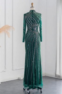 Элегантные вечерние платья русалки с высоким воротником и длинными рукавами, украшенные бисером и кристаллами_17