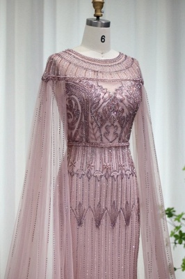 Luxuriöses Meerjungfrau-Abendkleid mit U-Ausschnitt und Perlenstickerei, Cape-Ärmel, Dubai-Hochzeitskleid_3