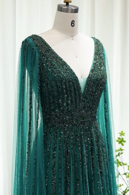 Luxus-Meerjungfrau-Abendkleid mit tiefem V-Ausschnitt und Perlenstickerei, Cape-Ärmel, Tüll, Aline Dubai-Partykleid_4