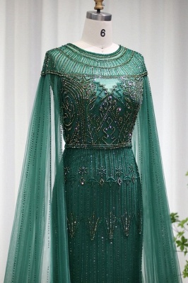 Luxuriöses Meerjungfrau-Abendkleid mit U-Ausschnitt und Perlenstickerei, Cape-Ärmel, Dubai-Hochzeitskleid_5