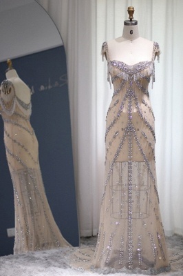Luxuriöses, herzförmiges, mit Perlen besetztes Meerjungfrau-Partykleid mit Quasten, Dubai-Abendkleid_4