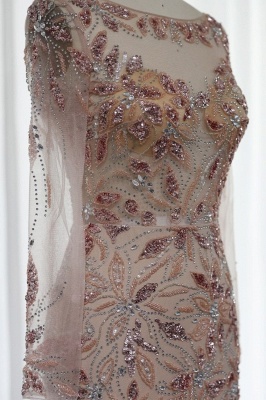 Elegant Scoop Neck Long Sleeves Front Slit Evening Dress Glitter Sequins Flower Fur Floor-Length Wedding Party Dress_6