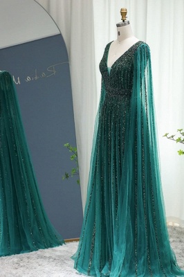 Luxus-Meerjungfrau-Abendkleid mit tiefem V-Ausschnitt und Perlenstickerei, Cape-Ärmel, Tüll, Aline Dubai-Partykleid_3