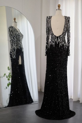 Luxury Sparkly Sequins Front Slit Mermaid Evening Gown with Sleeves V-Neck Long Party Gown for Wedding_2
