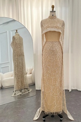 Pérolas de luxo Dubai ver através do vestido de noite mangas capa champanhe sereia vestido de festa de casamento_1
