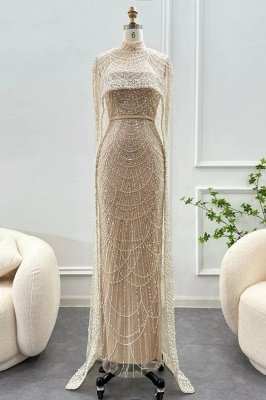 Luxury Pearls Dubai Mermaid Evening Dress with Cape Sleeves Seequined Floor Length Party Dress_7