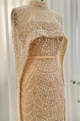 Luxury Pearls Dubai Mermaid Evening Dress with Cape Sleeves Seequined Floor Length Party Dress_12