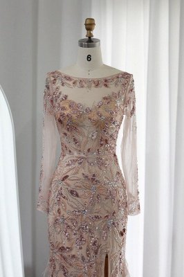 Elegant Scoop Neck Long Sleeves Front Slit Evening Dress Glitter Sequins Flower Fur Floor-Length Wedding Party Dress_2