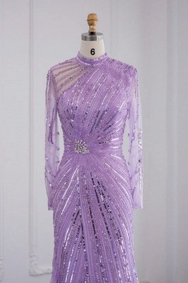 Элегантные вечерние платья русалки с высоким воротником и длинными рукавами, украшенные бисером и кристаллами_8
