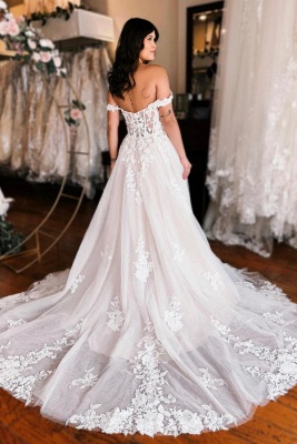 Off the shoulder high split A-line Lace Wedding Dress_4