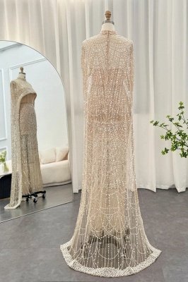 Gorgeous Champagne Cape Sleeves Mermaid Evening Dress Dubai See-through Pearls Party Dress_2