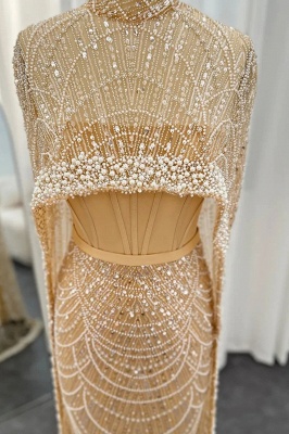 Gorgeous Champagne Cape Sleeves Mermaid Evening Dress Dubai See-through Pearls Party Dress_5