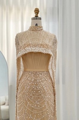 Gorgeous Champagne Cape Sleeves Mermaid Evening Dress Dubai See-through Pearls Party Dress_4