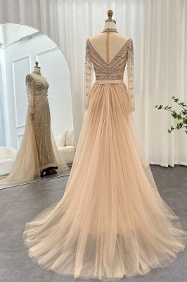 Gorgeous High Neck Beading Sequins Mermaid Evening Gown Long Sleeves Tulle Party Dress with Sweep Train_7